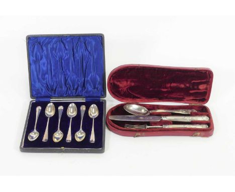 A 19th century silver matched three-piece christening set, comprising knife, spoon and fork, in red leather clad case; togeth