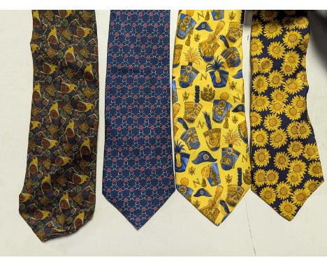 A vintage Hermes silk tie, decorated with a sunflower motif, together with three other tiesSome stains, all have labels.  No 