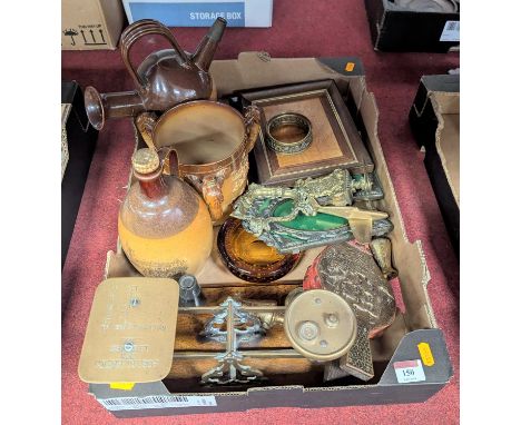 Miscellaneous items to include a Doulton Lambeth stoneware tyg, brass postal scales, brassware etcTyg in good order.
