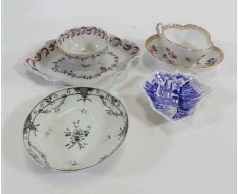 A Meissen porcelain tea cup, of quatrefoil form, decorated with flowers; together with a New Hall porcelain dish and tea bowl