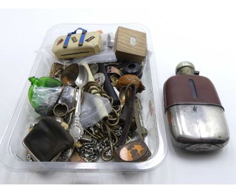 A collection of miscellaneous items to include hip flask, scent bottle, coins, costume jewellery etc