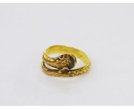 Victorian gold and ruby serpent memorial ring, set two small rubies as eyes, with inscription, 2.4g approx. Condition ReportP