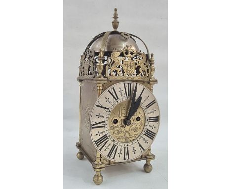 19th Century George I style brass lantern clock, the dial with foliate engraving Roman numerals, the sides with rose engravin