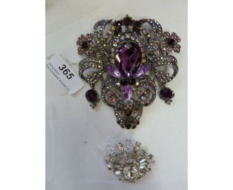 Large costume brooch with amethyst and grey-coloured stones and another oval diamante brooch with pink opaline stones (2) 