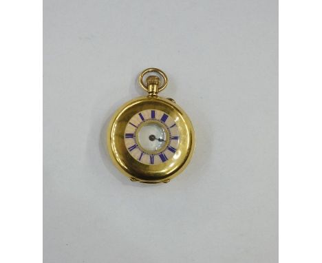 Lady's 18K gold and guilloche enamel half-hunter fob watch, having blue Roman numerals on a pink enamel ground to the outer c