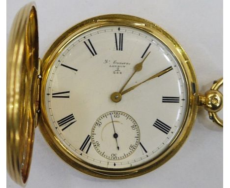 18ct gold hunter pocket watch by Cousens of London, in engine-turned case and having white enamel dial, Roman numerals, subsi