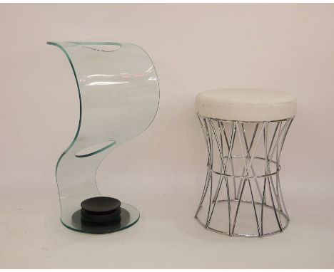 Modern Tam Tam shaped circular stool with cream leather top, on chromed base and a Fiam Italia glass stickstand of modern 20t