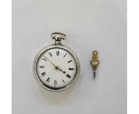 George III gent's pair-cased silver pocket watch with white enamel dial, Roman numerals, the outer and inner case hallmarked 