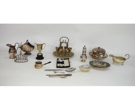 Assorted silver-plated items to include a plated boiled egg breakfast set, a sugar shaker, a sugar bowl with small shovel, a 