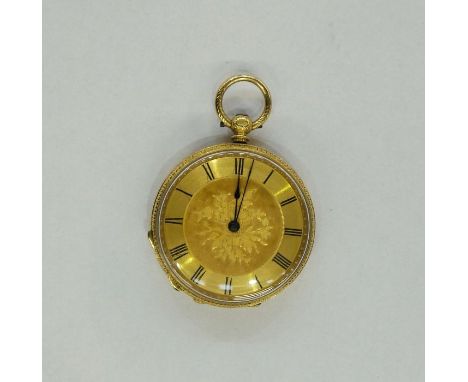 18K gold lady’s open-faced fob watch, the engine-turned dial with floral engraving to centre, black Roman numerals, the case 