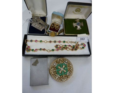 Silver and Caithness glass curved crossed pendant, silver ingots and chains and other costume jewellery 
