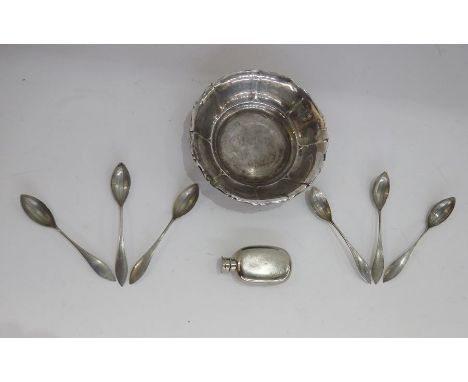 Set of six French silver-coloured metal tea/grapefruit spoons with pointed panelled bowls and engraved handles, a plated smal