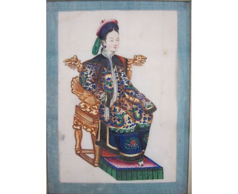 Pair of Chinese watercolour drawings on rice paperPortrait of a man standing with bow and arrows and portrait of a woman seat
