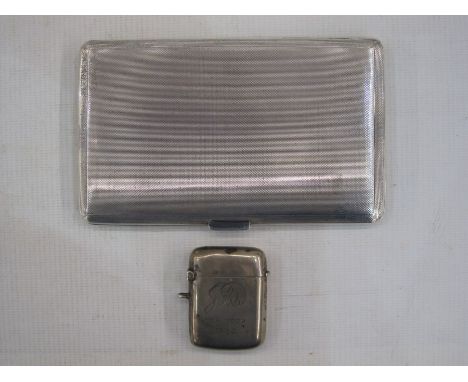 Engine-turned silver cigarette case by Asprey, London 1963 and a silver vesta case engraved with initials (2)