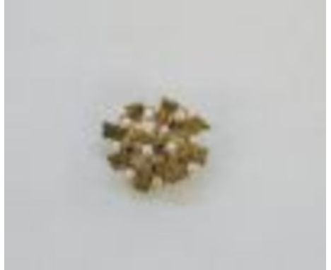 9ct gold, ruby and pearl abstract brooch, oval, set with five claw set rubies surrounded by pearls, on bark finish triangular