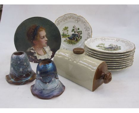 'Sofa Fils (Limoges) Europeen' (sic) dinner plates, all decorated with a turkey and pine trees, gilt piecrust edges, a stone 