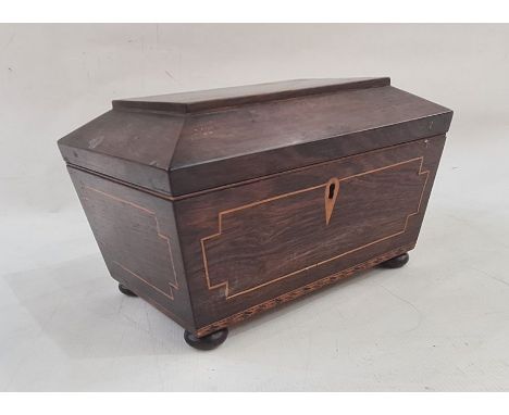 19th century inlaid sarcophagus-shaped caddy/workbox, the panelled top with line inlay, the body with geometric inlaid border