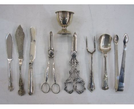 Silver eggcup, two pairs of grape scissors, sugar tongs, bread fork, etc (some items not silver) 