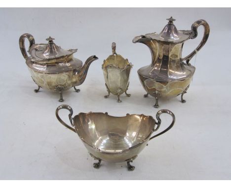 Mid 20th century four piece silver tea service, comprising teapot, hot water pot, sugar bowl and milk jug, teapot and hot wat