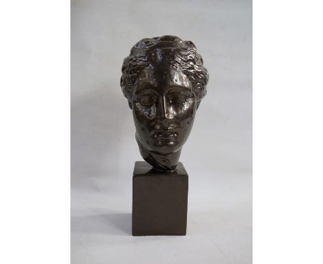 Modern ceramic sculpture of a Roman head, on square plinth (tiny chip on the back of the head)