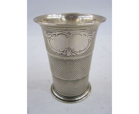 Continental 800 standard silver collapsible cup of circular form with flared rim, engraved cartouche and engine-turned bands,