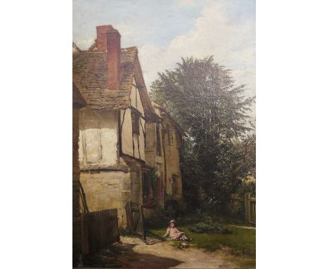 UnattributedOil on canvasBlack and white cottage with small girl in Edwardian clothes sitting on the grass with a toy car in 