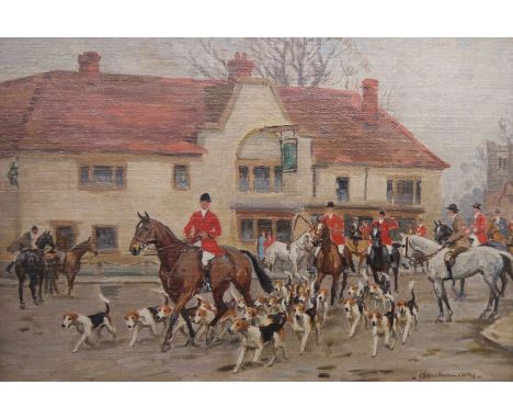 John Sanderson Wells (1872-1955)Pair oils on boardHunting scenes, Huntsmen and hounds on village green, signed lower left, 16
