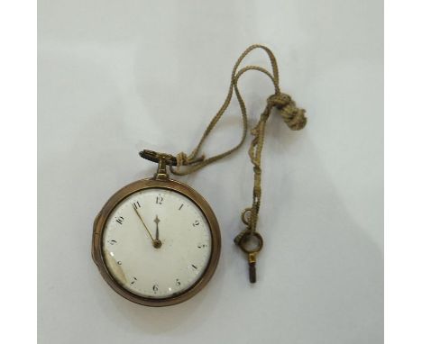 George III copper and metal pair-cased pocket watch, having white enamel dial, Arabic numerals, the outer case stamped 'RG'