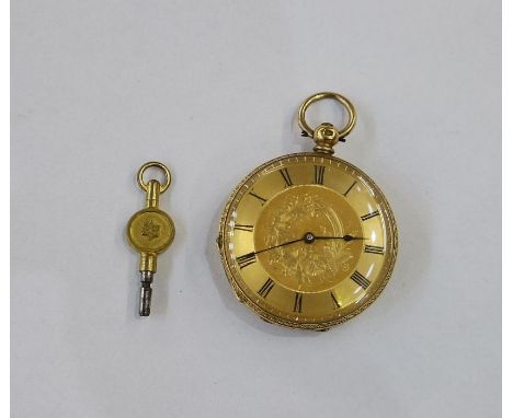 Lady's 18K gold open-faced fob watch, having engraved and engine-turned gold-coloured dial, Roman numerals, the back with flo