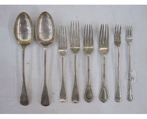 Pair of silver  tablespoons, two silver  forks, a silver pickle fork, Sheffield 1933 and two plated dinner forks and a pickle