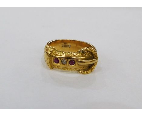 18ct gold, ruby and diamond buckle ring, set two small rubies and one diamond, with scroll engraved borders, 8.5gCondition Re