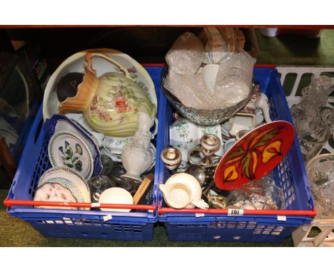2 Boxes of assorted Ceramics and bygones inc. Coalport Caughley Jug, Poole Delphis Plate 
