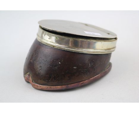 Equine Interest; Horse hoof Snuff box with Silver plated hinged top marked 'In memory of Young Tom the property of William Kn