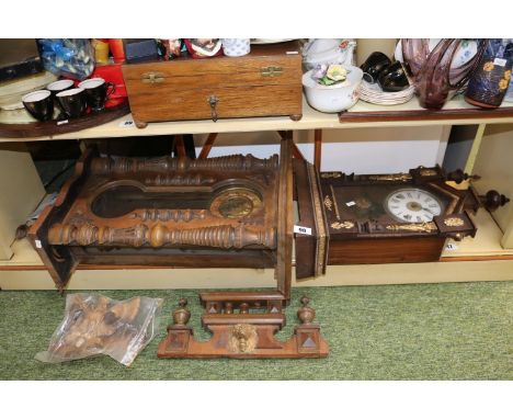 19thC Pine cased mantel clock with roman numeral dials and a wall clock 