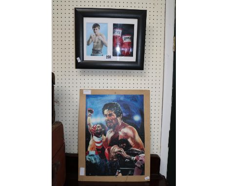 Manny Pacquiao boxing print and a Framed set of miniature boxing gloves signed 