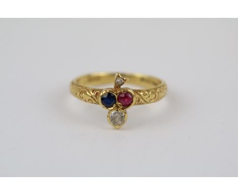 Ladies Fine 18ct Gold Diamond, Ruby &amp; Sapphire of Club Form Size J. 2.6g total weight 