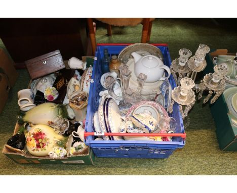 2 Boxes of assorted Ceramics and glassware inc. Candelabras, Mantel vases, Tea Caddy etc 