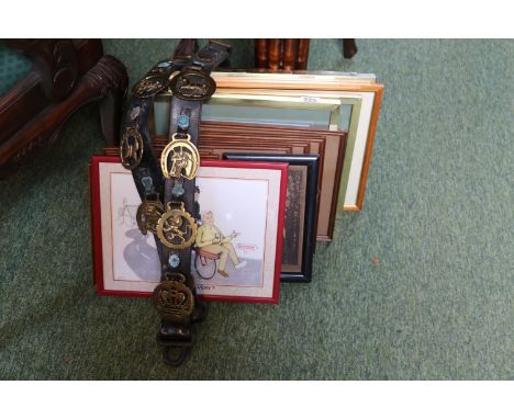 Collection of assorted Framed pictures and prints and 2 Leather straps of Horse Brasses inc Bassingbourn related print 
