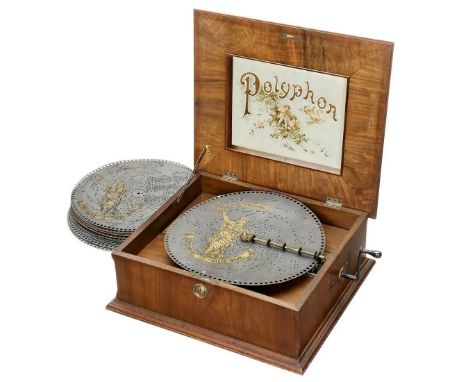 Polyphon Style No.43B Disc music box, ca. 1900 made by Polyphon Musikwerke, Leipzig. The music box is in a walnut case with a