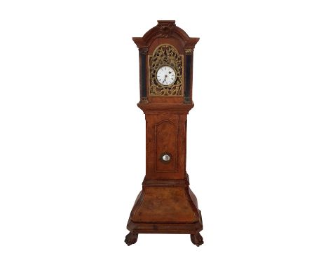 An early miniature clock case with a hanging pocket watch as the clock face. Missing upper back panel. Some veneer damage on 