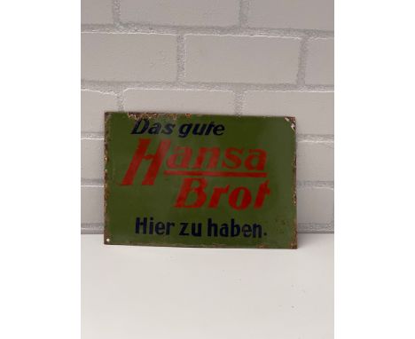 German Hansa Brot Enamel Sign Height: 37 cm. Width: 26 cm. Depth: 1 cm. Condition: Fair. Location: The Netherlands, Tilburg. 