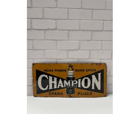 Champion Spark Plugs Enamel Sign Height: 36 cm. Width: 77 cm. Depth: 1 cm. Condition: Fair. Location: The Netherlands, Tilbur