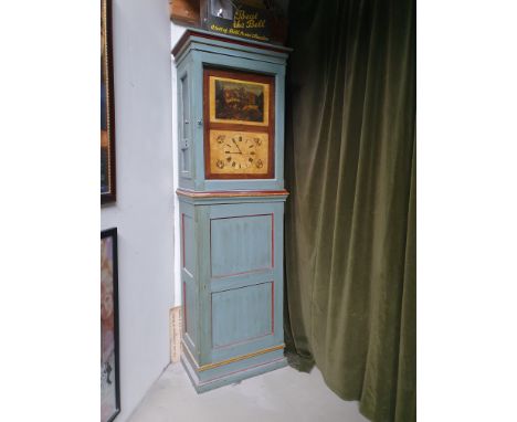 Large standing clock with a painting featuring a herd of deer and a mountain scenery above the clock face. The clock has wood