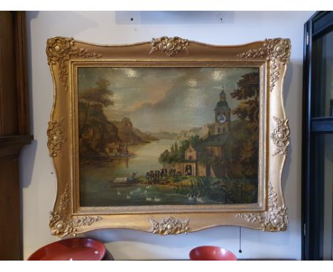 Beautiful French painting with clock and music box ca. 1870. Oil on wooden panel, featuring a church and a lake with swans. T