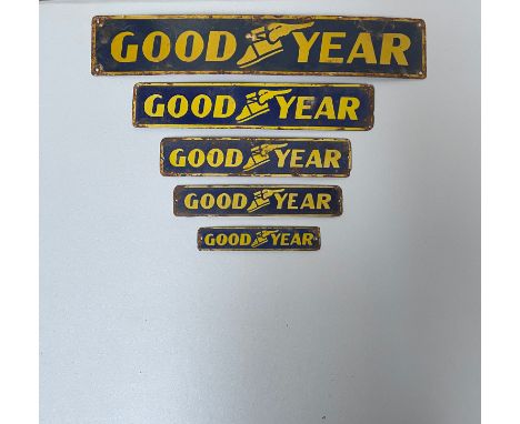 Set of 5 Goodyear Enamel Signs Height: 56 cm. Width: 11 cm. Depth: 5 cm. Condition: Fair. Location: The Netherlands, Tilburg.