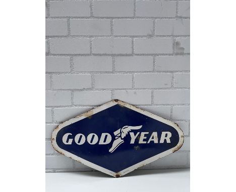 Goodyear Enamel Sign Height: 75 cm. Width: 44 cm. Depth: 1 cm. Condition: Fair. Location: The Netherlands, Tilburg. 