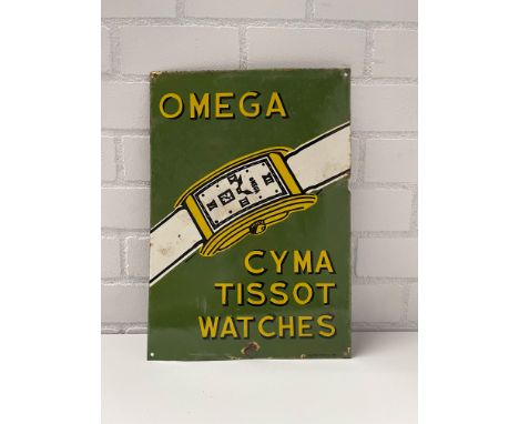 Omega Cyma Tissot Watches Enamel Sign Height: 51 cm. Width: 36 cm. Depth: 1 cm. Condition: Fair. Location: The Netherlands, T