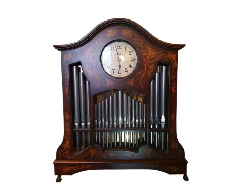 Hofbauer 21 flute pipe clock with cassette system in a beautiful wooden case with fine veneered decoration in the Art Nouveau