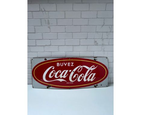 French Coca-Cola Enamel Sign  Height: 51 cm. Width: 124 cm. Depth: 1 cm. Condition: Good. Location: The Netherlands, Tilburg.
