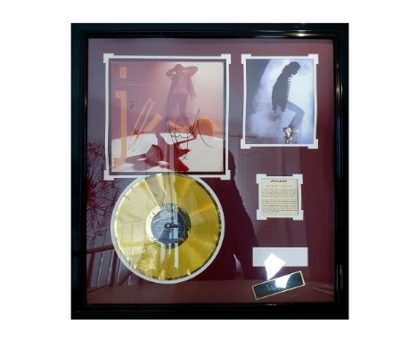 Signed and framed Michael Jackson memorabilia. Signed 1992 Michael Jackson - Jam vinyl record cover, a "golden" record, a ver